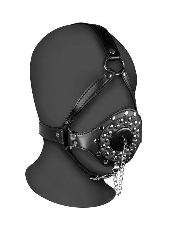Imbracatura viso con tappo per bocca Open Mouth Gag Head Harness with Plug Stopper Black