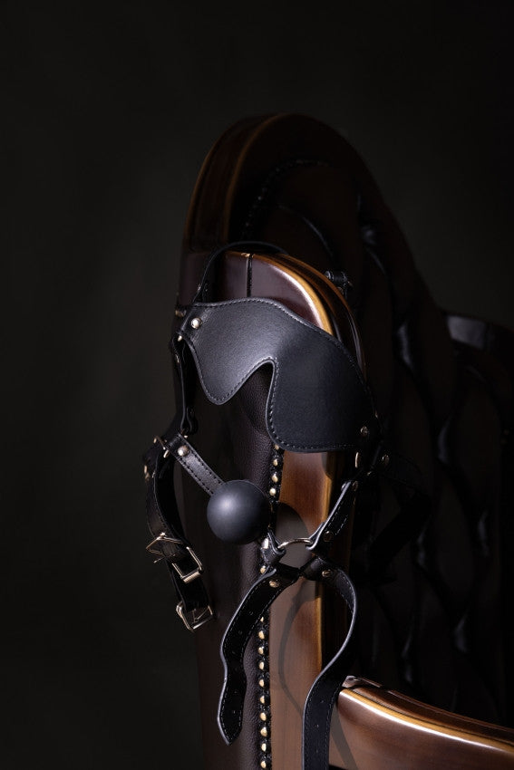 Imbracatura viso con maschera occhi e morso Blindfolded Head Harness with Solid Ball Gag Black