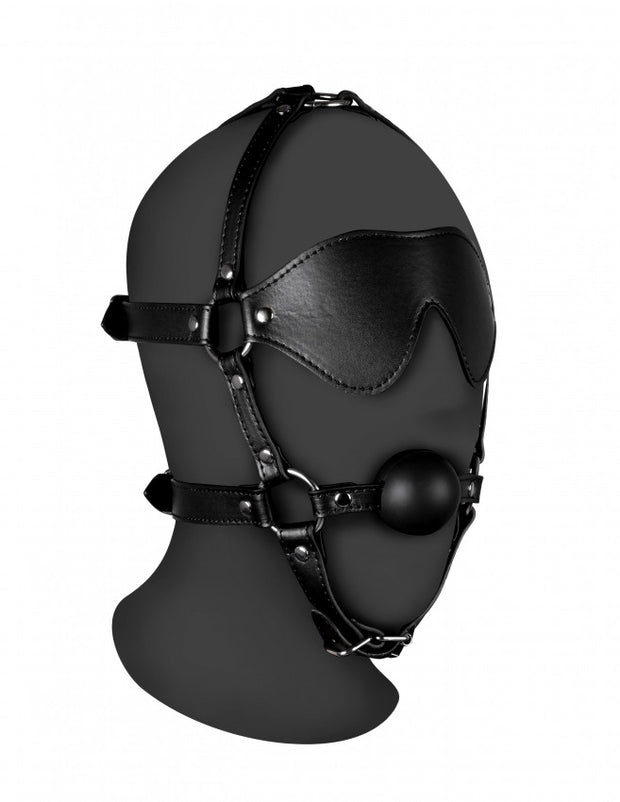 Imbracatura viso con maschera occhi e morso Blindfolded Head Harness with Solid Ball Gag Black