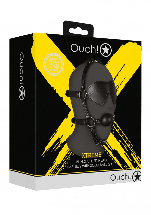 Imbracatura viso con maschera occhi e morso Blindfolded Head Harness with Solid Ball Gag Black